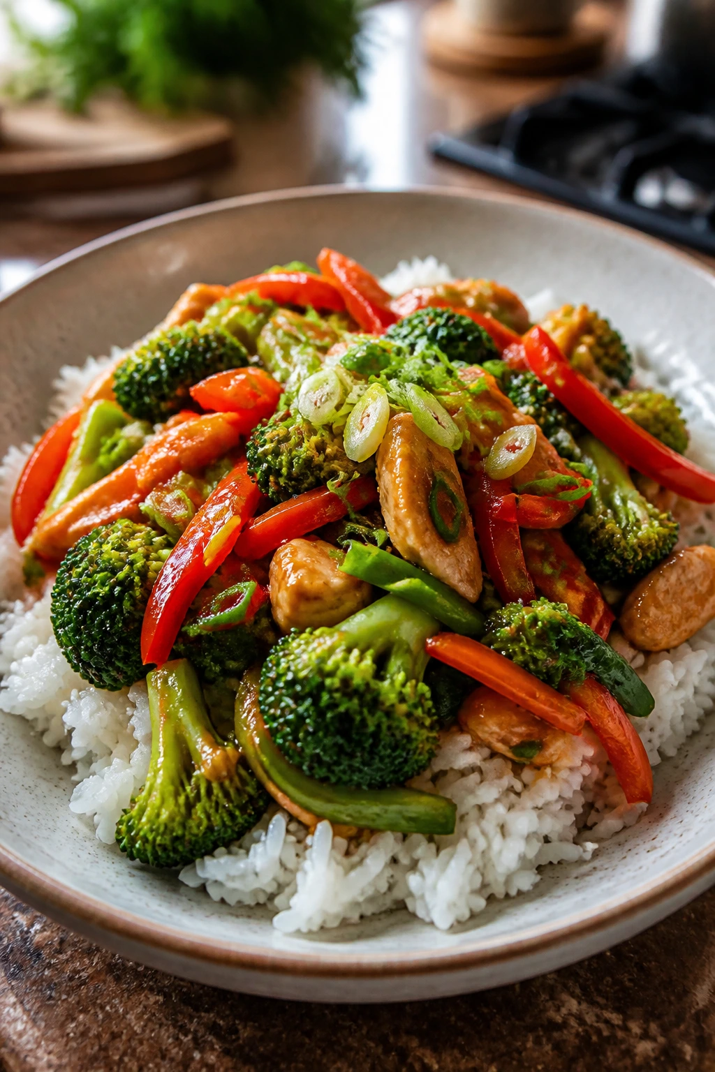 Plate of crisp stir-fry vegetables over jasmine rice with visible glaze