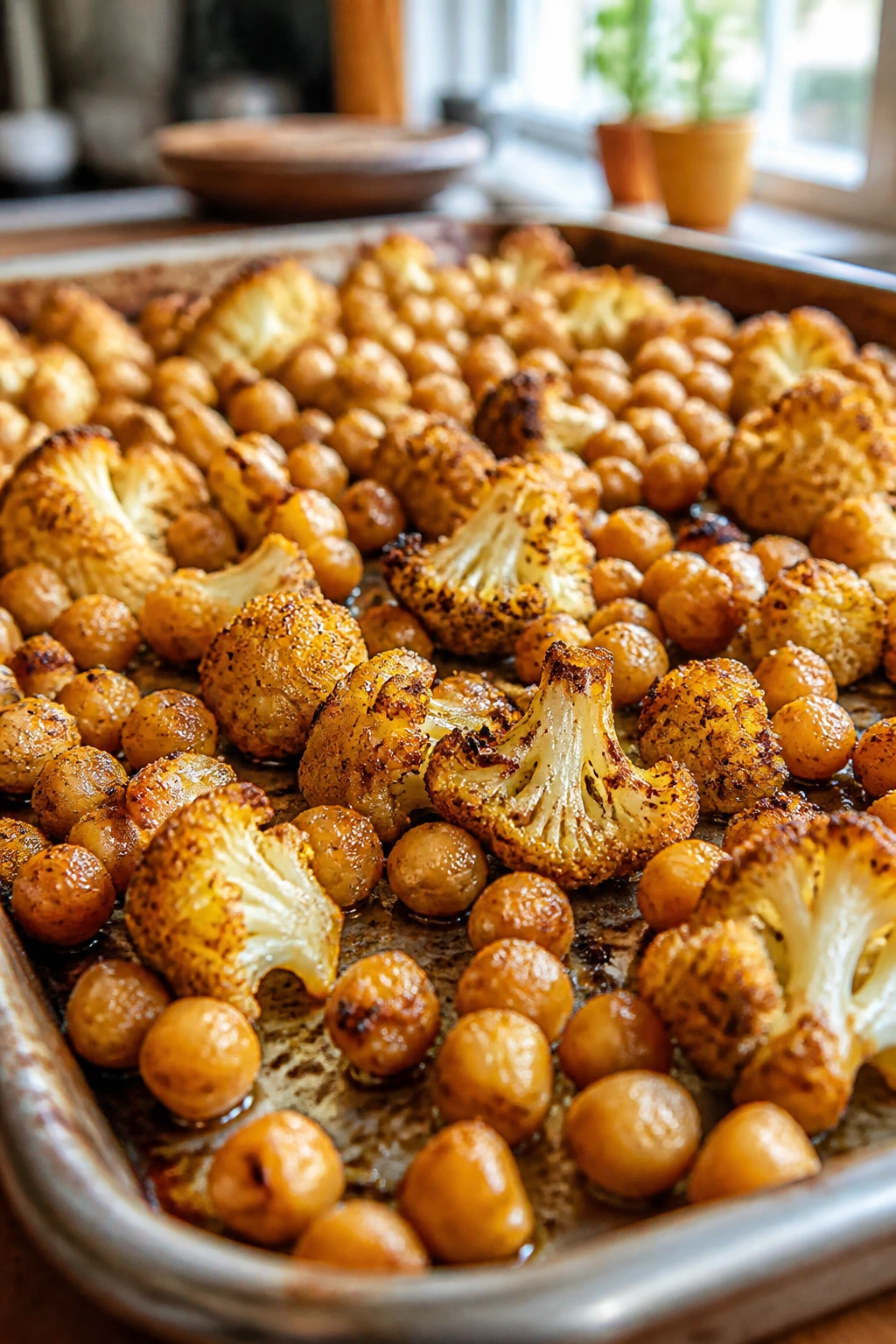 Close-up of a sheet pan with crispy roasted chickpeas and cauliflower in a warm kitchen