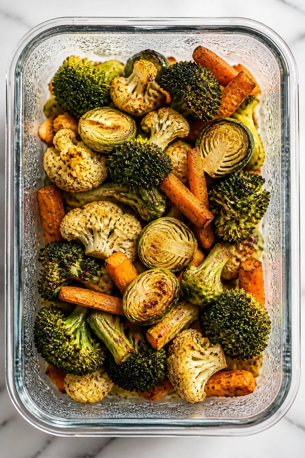 Storage container of crisp roasted vegetables ready to reheat.