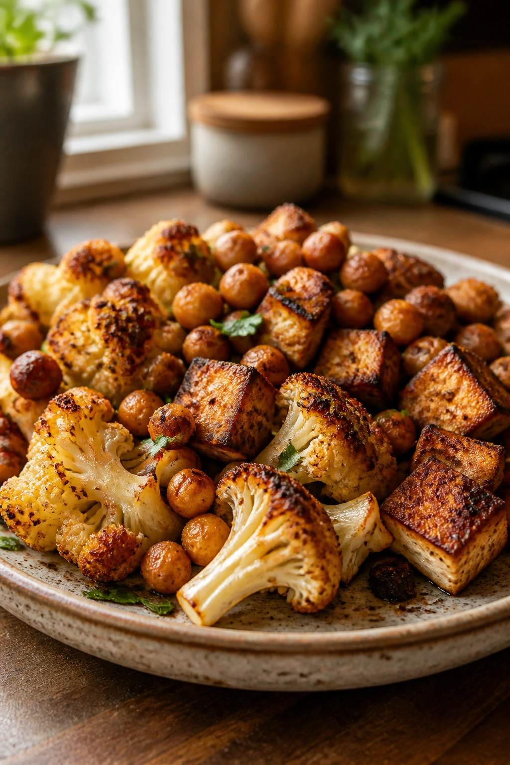 Close-up of crispy cauliflower, tofu, and chickpeas on a rustic plate in a warm kitchen