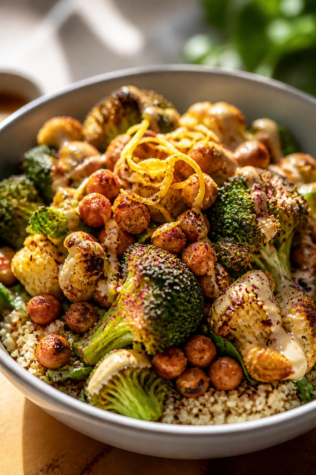 Close-up of Crispy Veggie Bowl with lemon zest and tahini in sunlit kitchen
