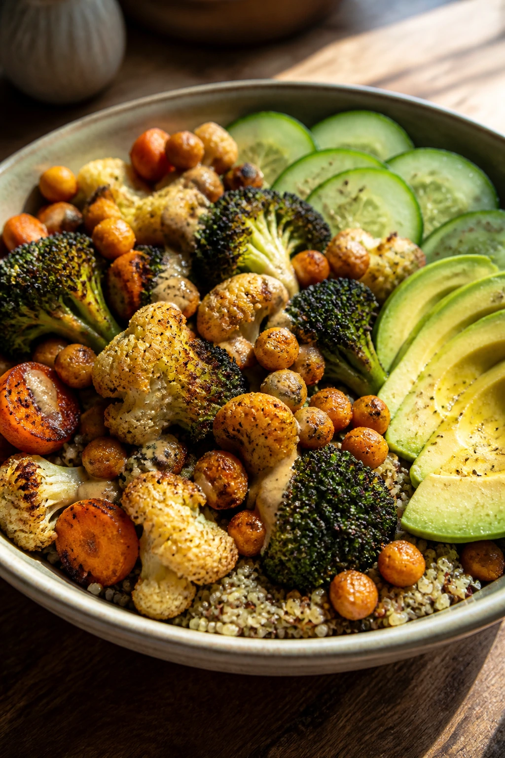 Close-up of a crispy veggie bowl with quinoa and roasted vegetables