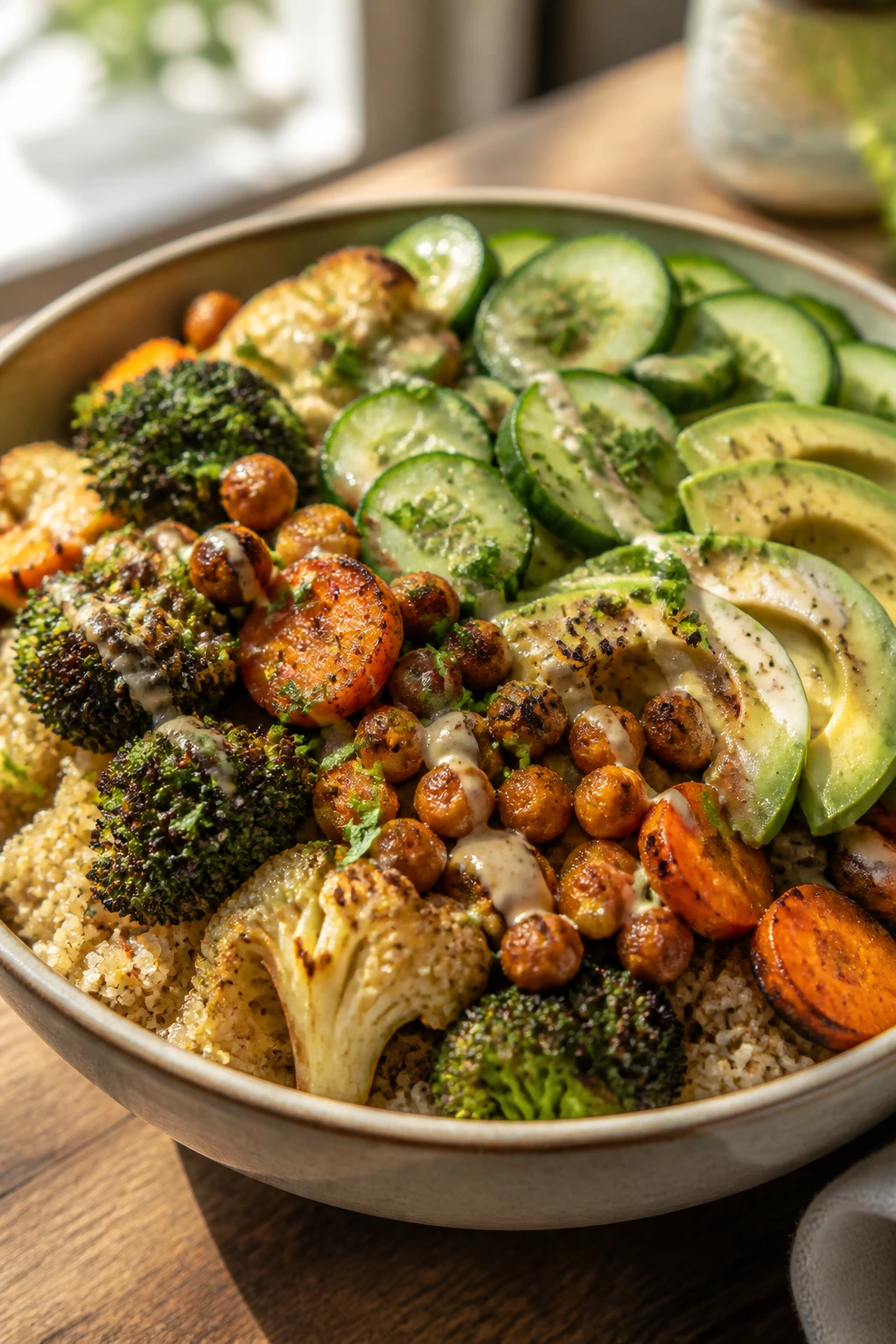 Close-up of Crispy Veggie Bowl with quinoa and roasted vegetables in a sunlit kitchen