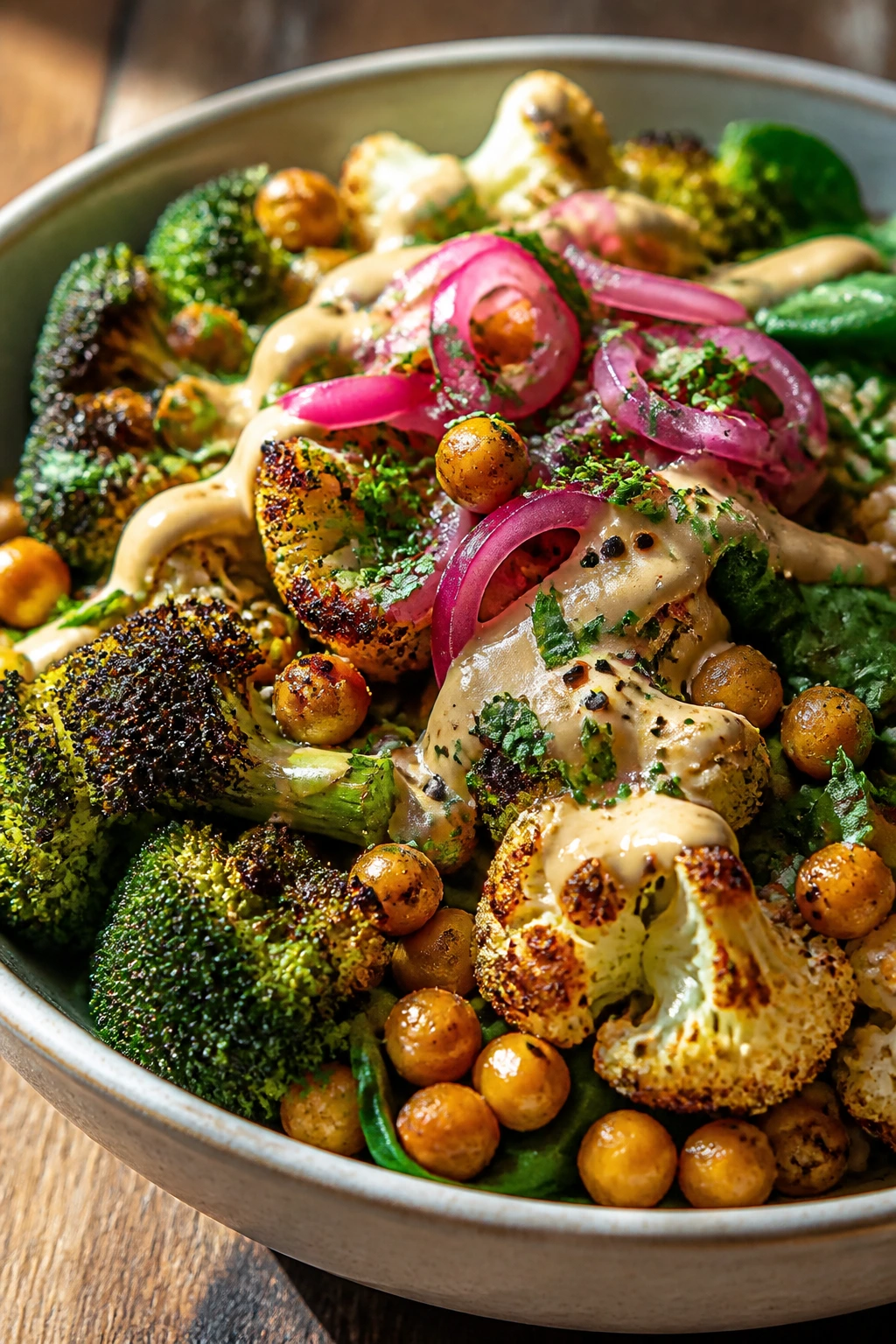 Close-up of a crave-worthy crispy veggie bowl with crisp edges
