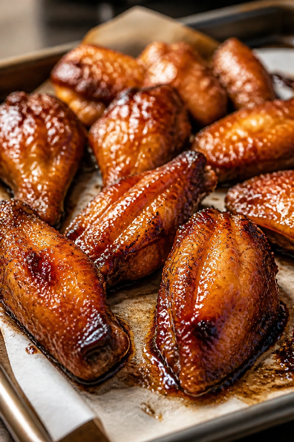 Close-up of glossy crispy teriyaki chicken wings on a parchment-lined baking sheet