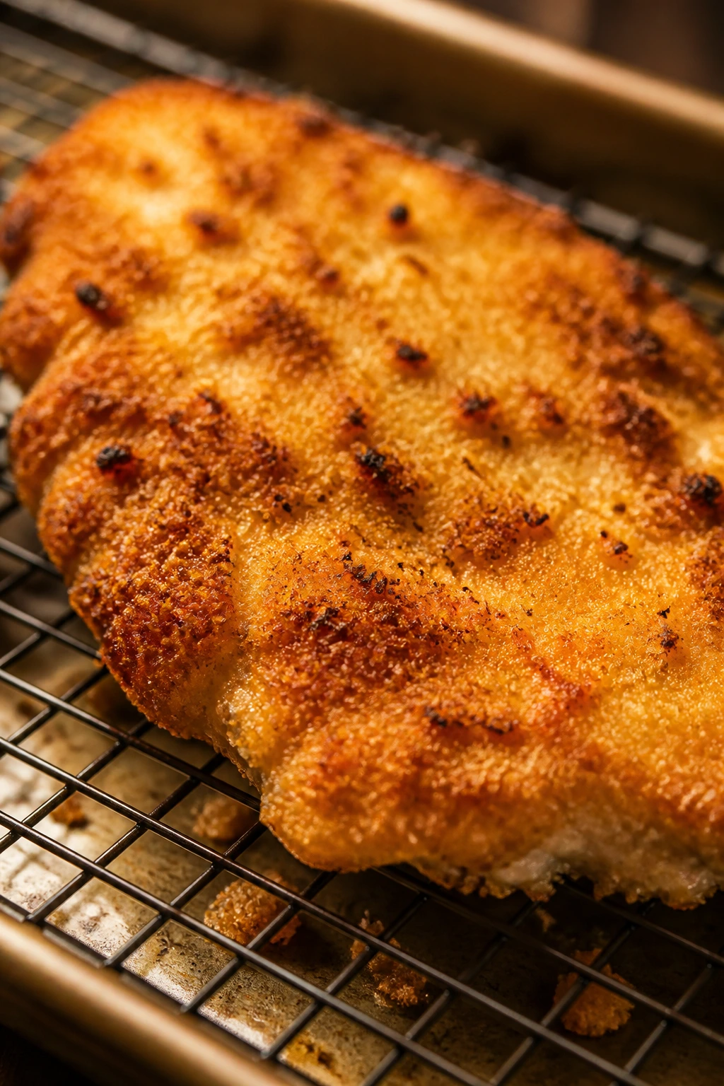 Close-up of crispy yogurt chicken on a wire rack in a warm kitchen