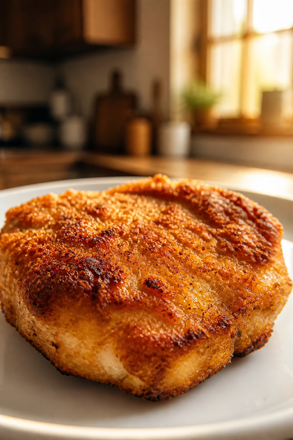 Close-up of crispy yogurt chicken cutlet on plate in warm kitchen