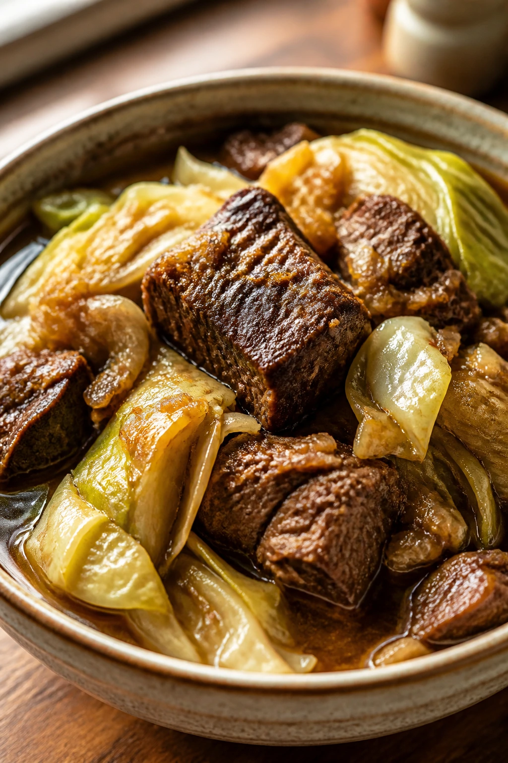 Close-up of beef chuck and cabbage braise in a glossy soy-ginger sauce in a rustic bowl