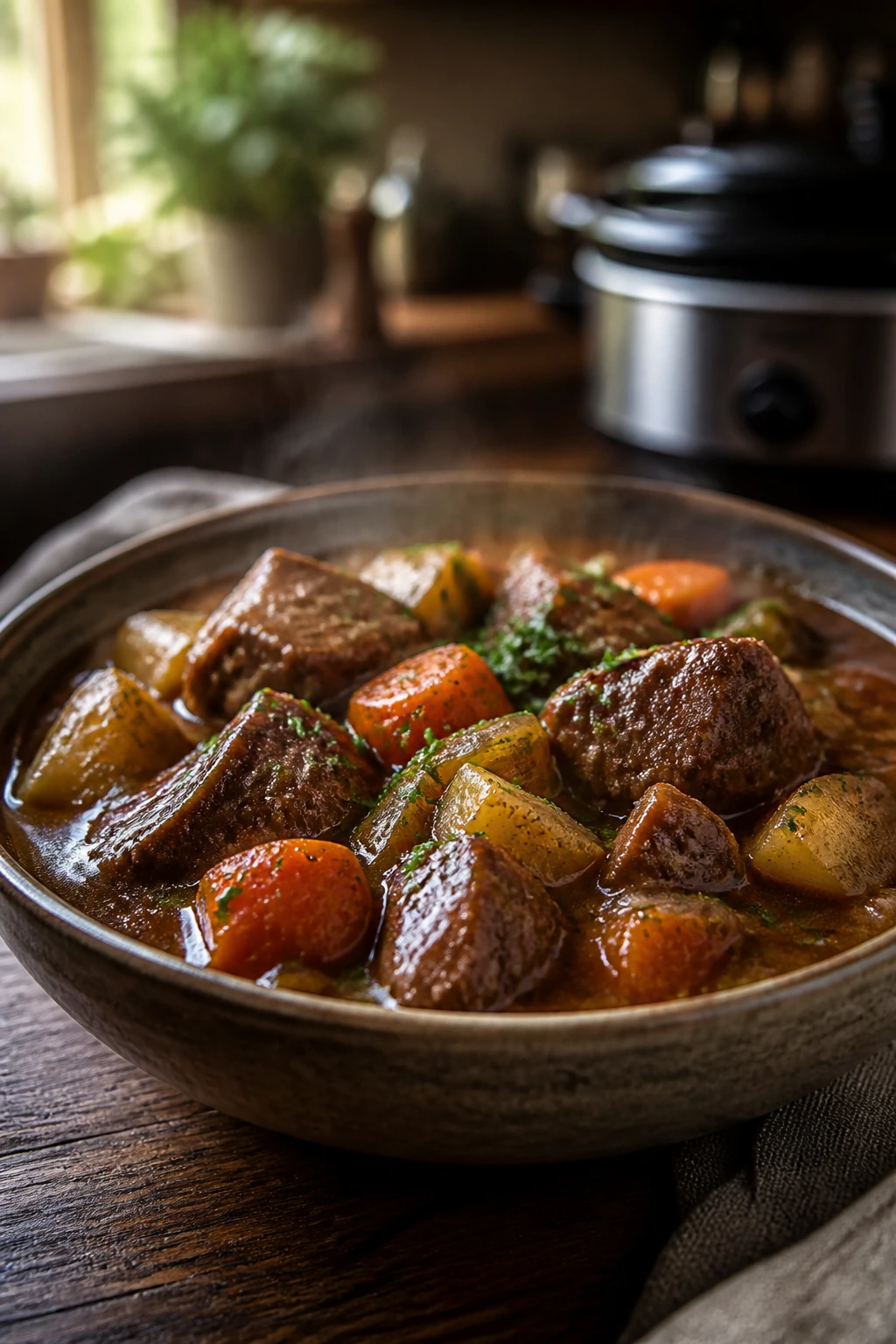 Close-up of a steaming crockpot beef stew in a rustic kitchen setting
