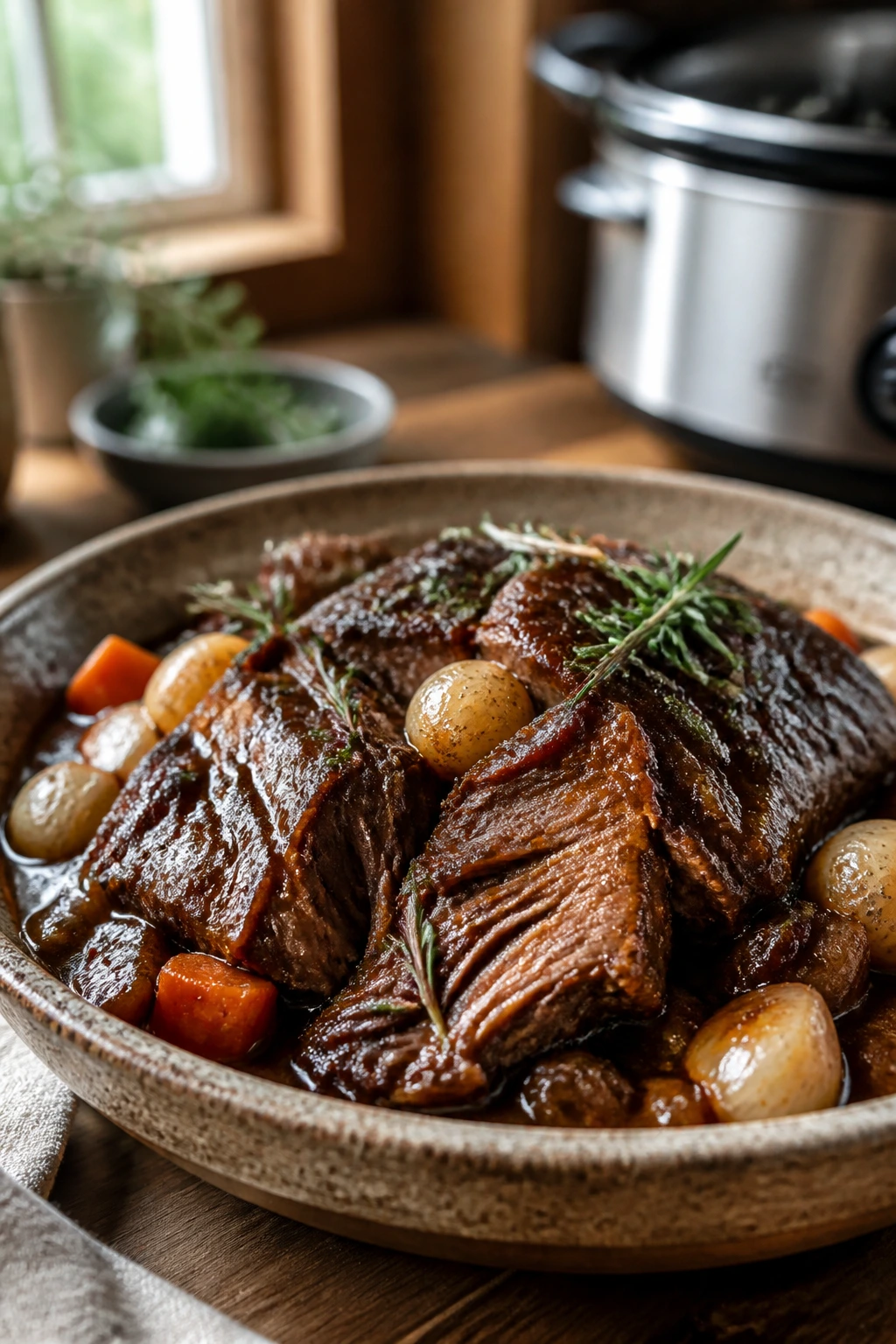 Close-up of glossy braised crockpot dish on rustic plate in warm kitchen