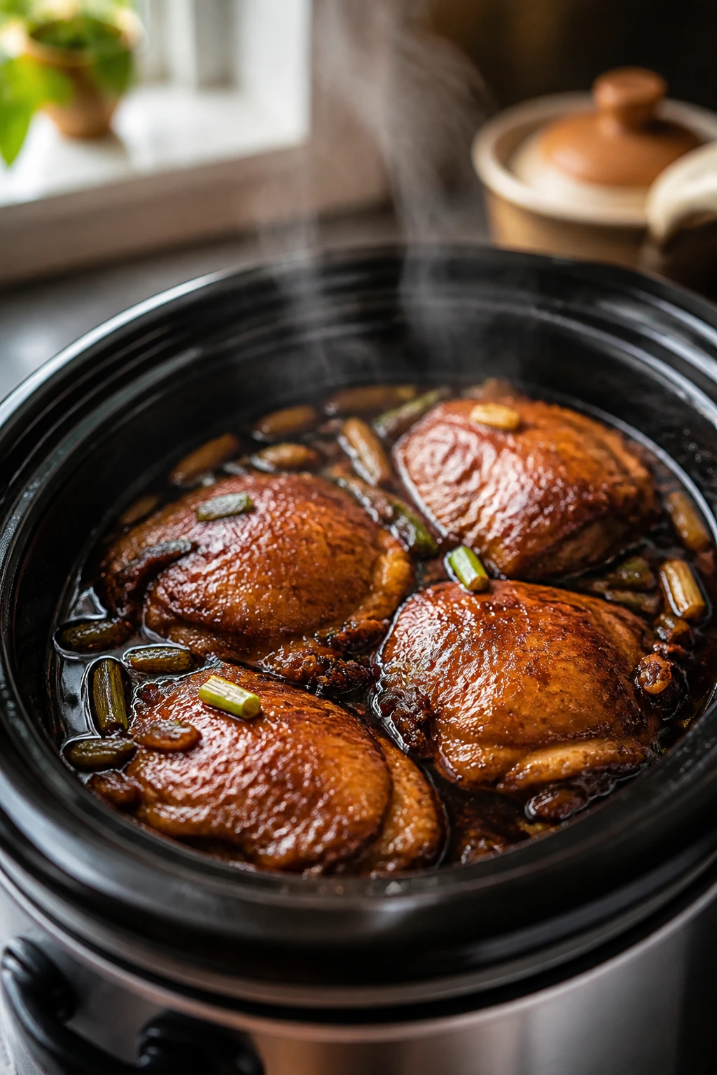 Chickens thighs braised in soy sauce in crockpot insert with steam rising