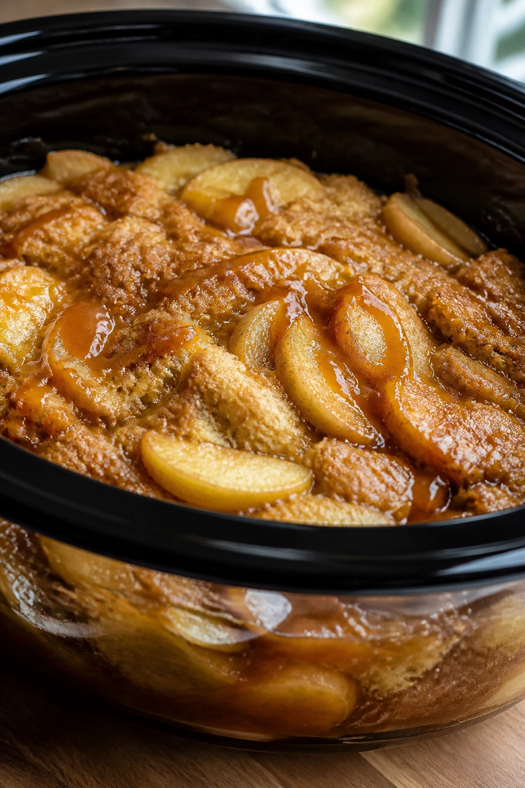 Close-up of caramel apple dump cake bubbling in a slow cooker insert on a kitchen counter