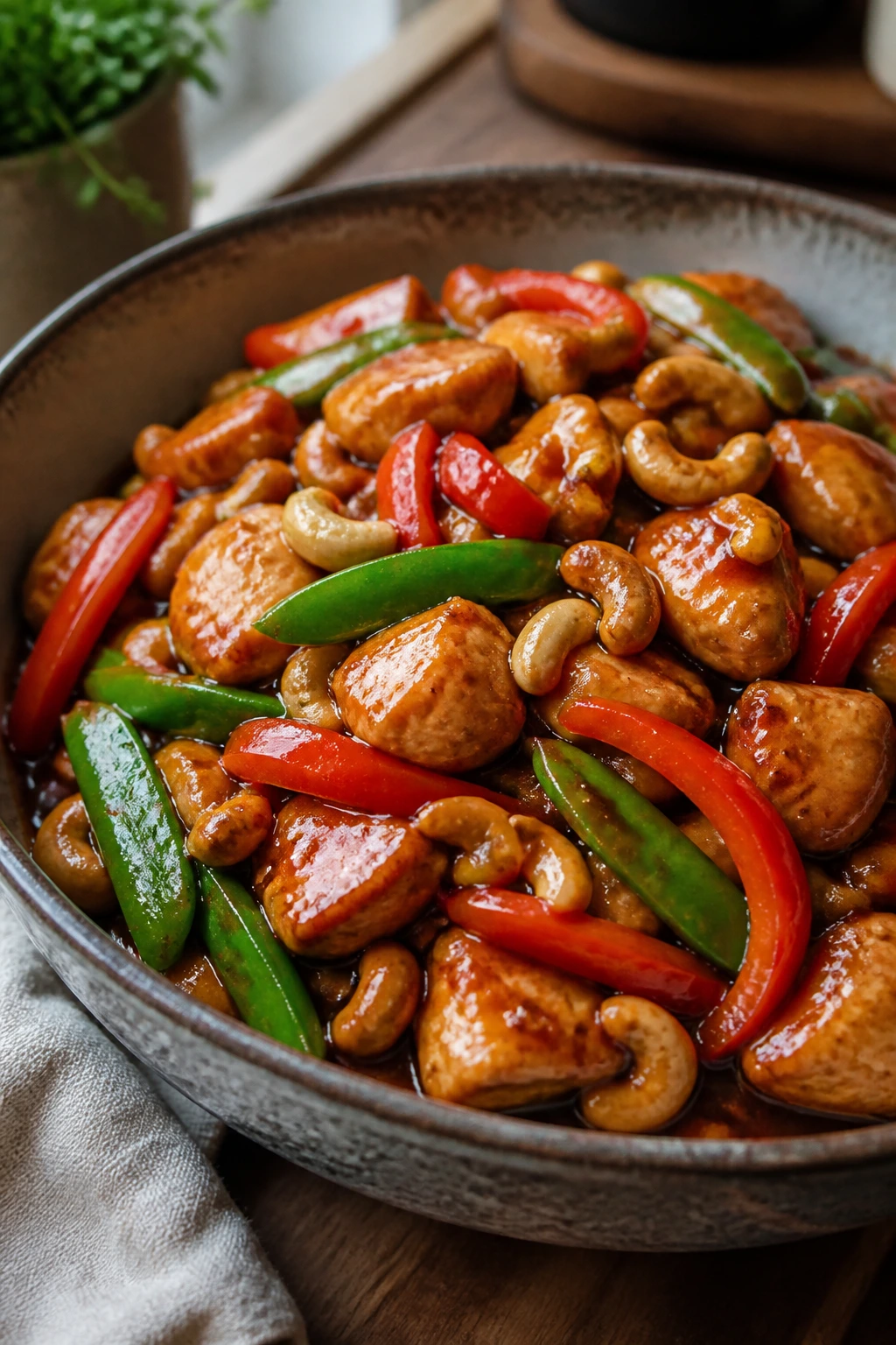 Close-up of Crockpot Cashew Chicken with glossy sauce, peppers, snap peas, cashews.