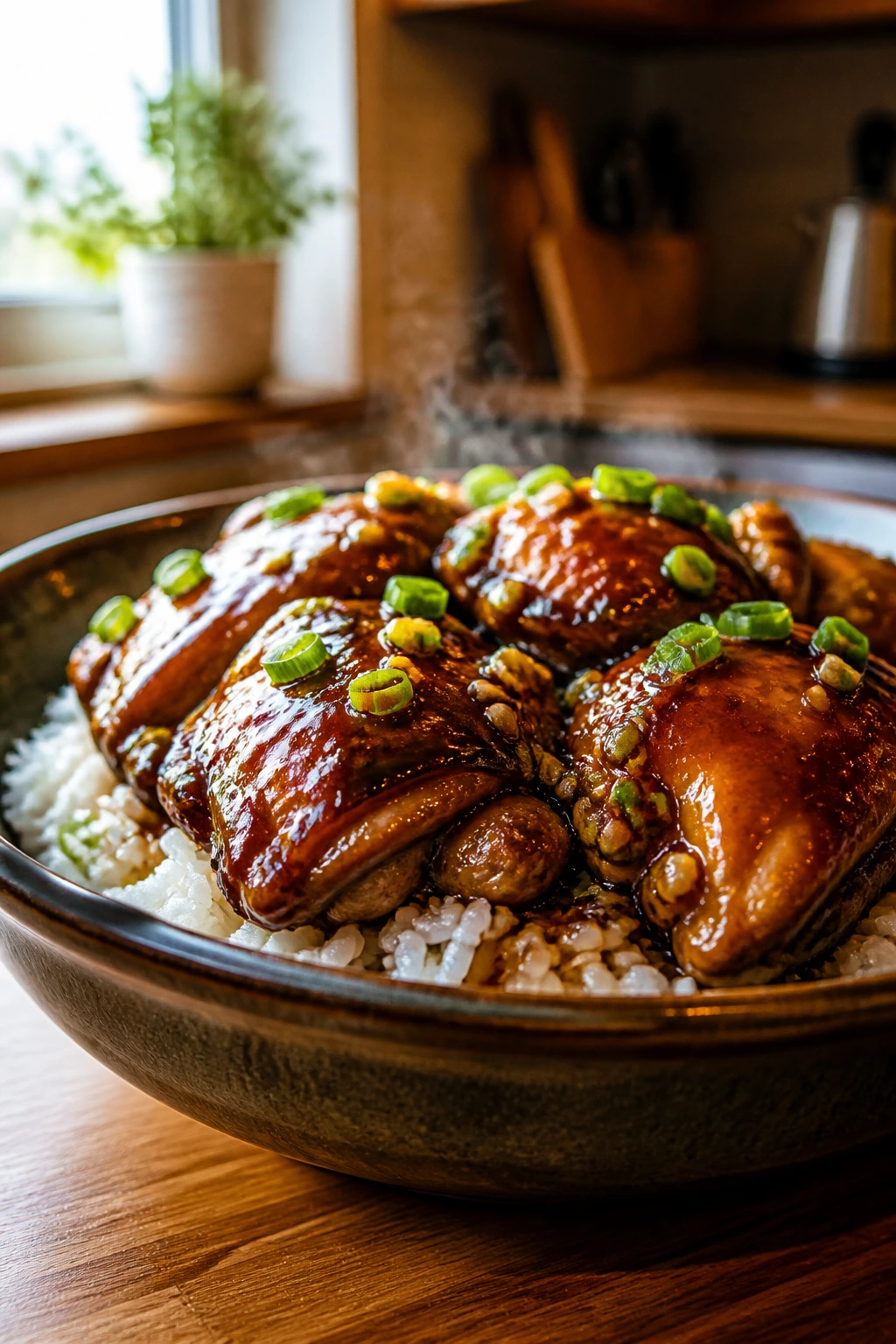 Close-up of tender crockpot chicken in soy-hoisin glaze on jasmine rice in a glossy bowl