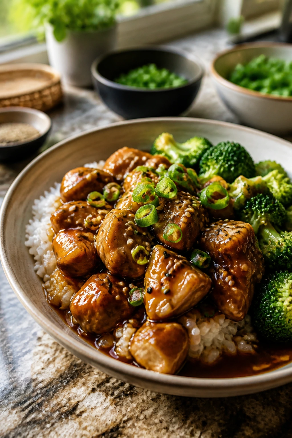 Close-up plate of saucy chicken over jasmine rice with broccoli garnish in a warm kitchen.