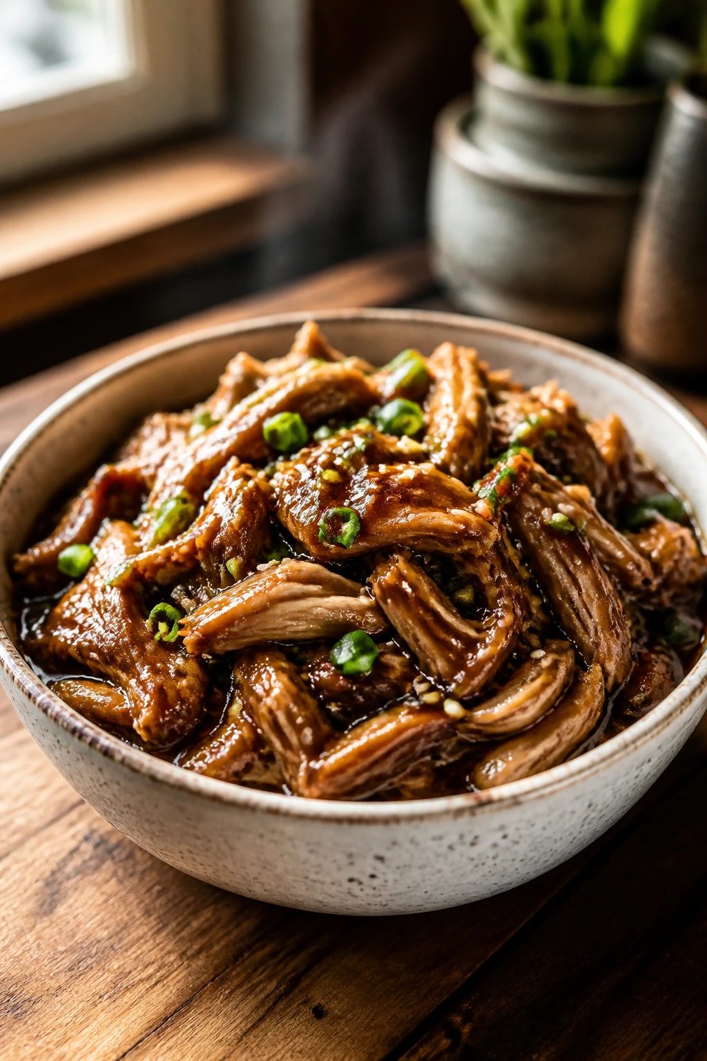 Close-up of glossy Crockpot chicken in a rustic bowl with warm kitchen light