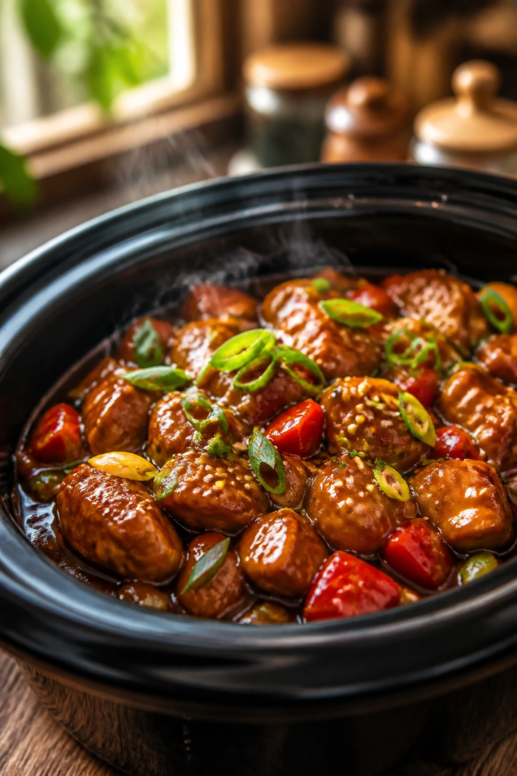 Close-up of a glossy crockpot dish with sauce on a wooden table