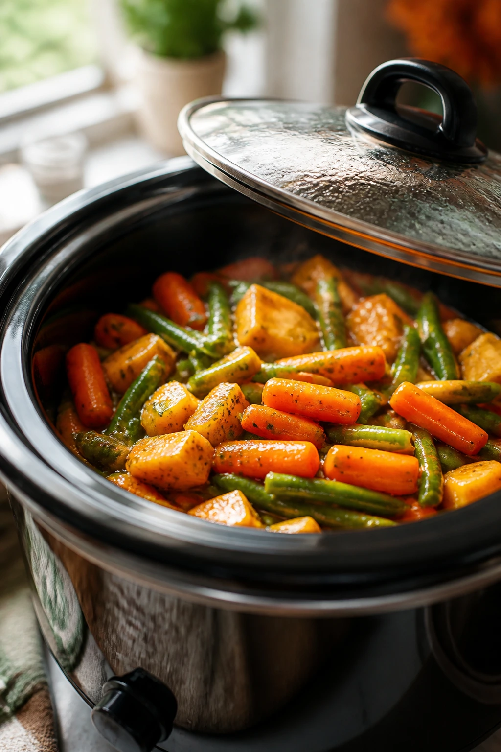 Close-up of a slow cooker with colorful vegetables representing the collection