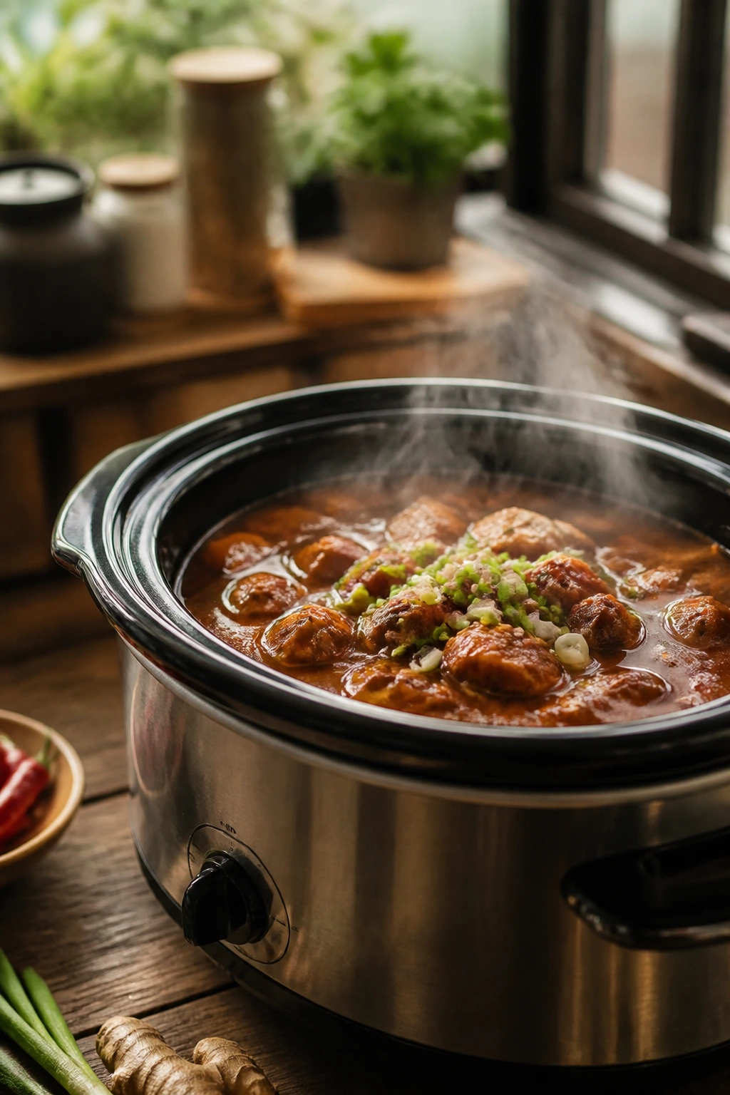 Steaming crockpot centerpiece in a warm kitchen, symbolizing a collection of crockpot Chinese recipes