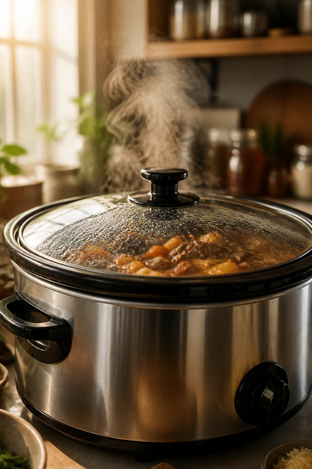 Large slow cooker steaming in a cozy kitchen, hero subject