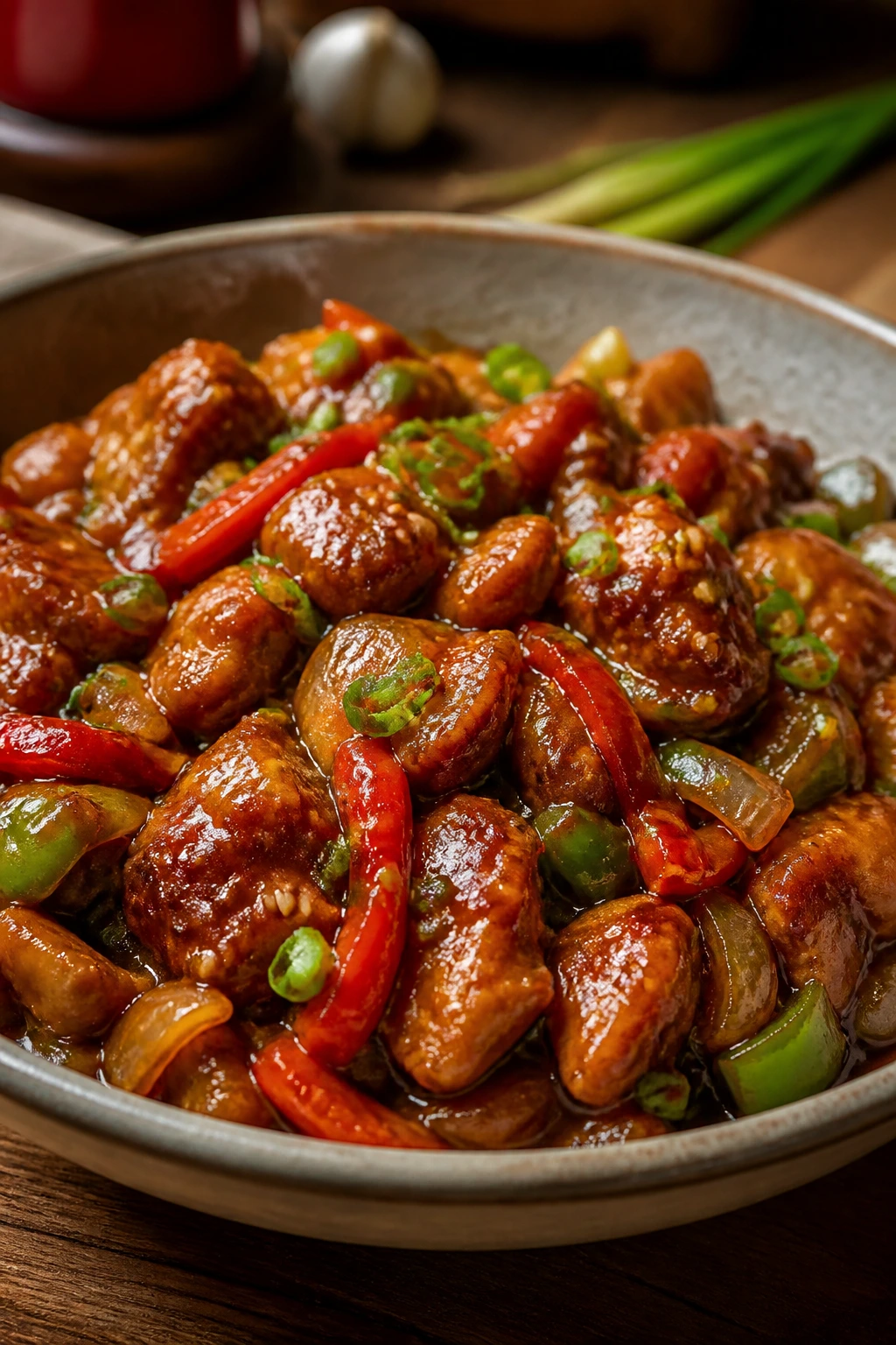 Close-up of a glossy saucy dish in a serving bowl on a rustic kitchen counter