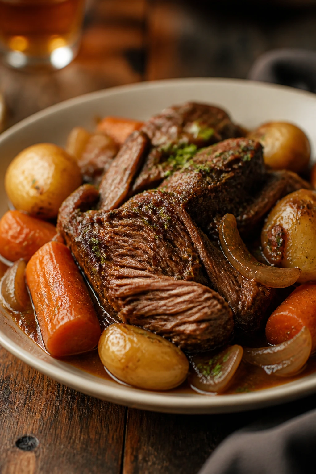 Plated fancy crockpot dinner on rustic table