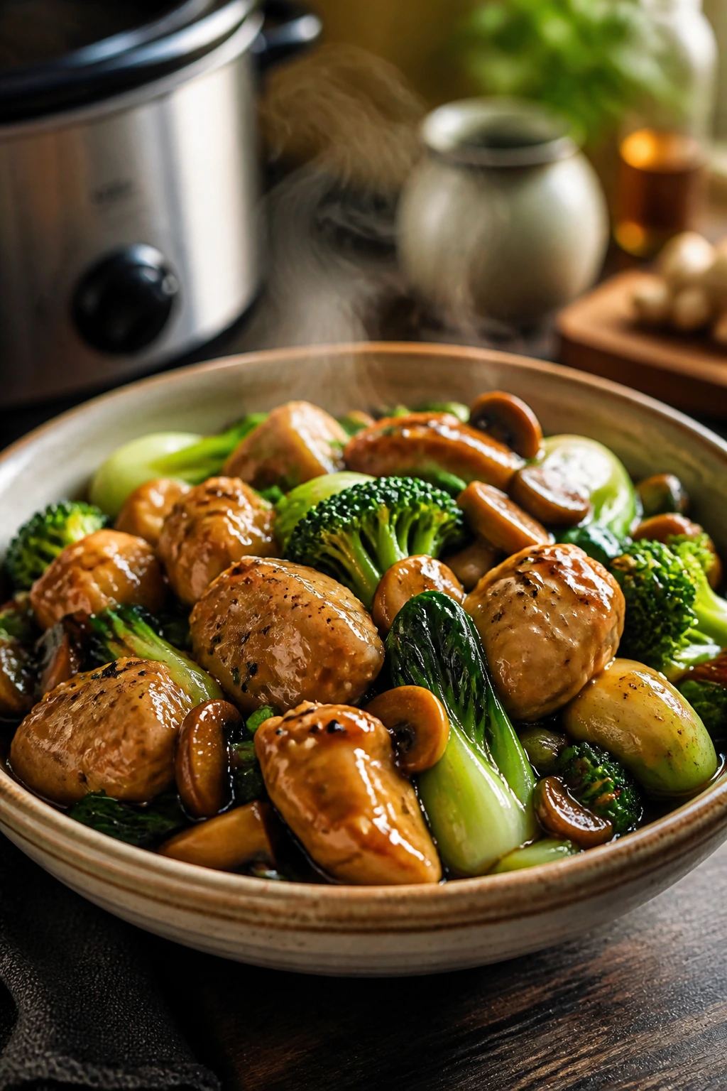 Close-up of a saucy crockpot-style chicken and vegetable braise in a bowl