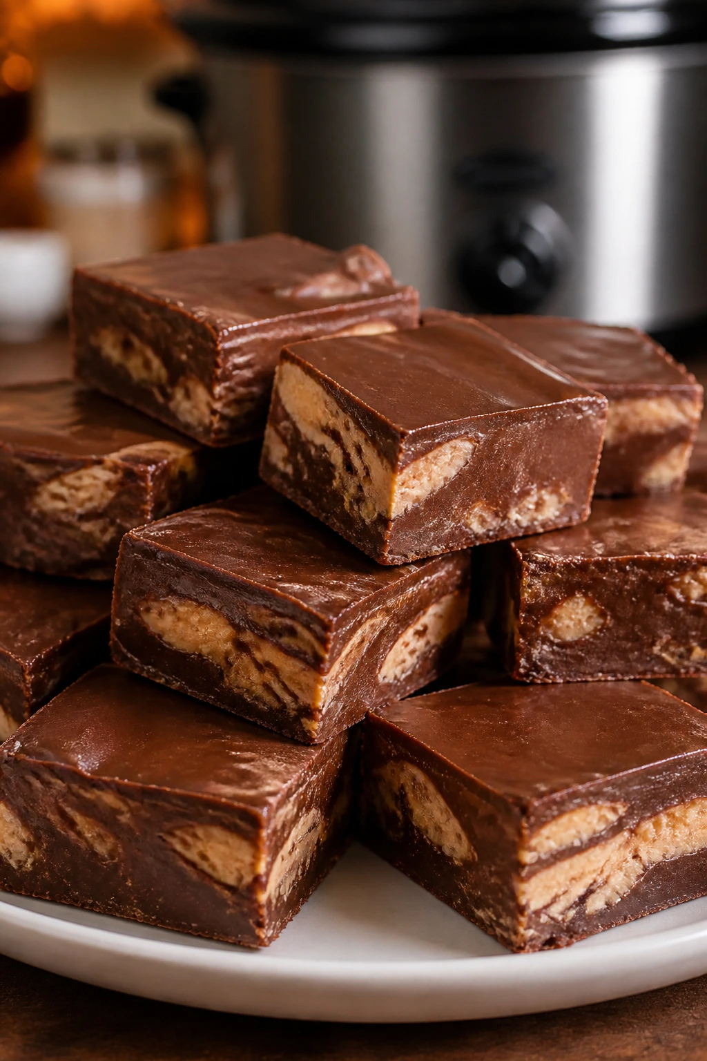 Glossy chocolate peanut butter fudge squares on a plate in a warm kitchen
