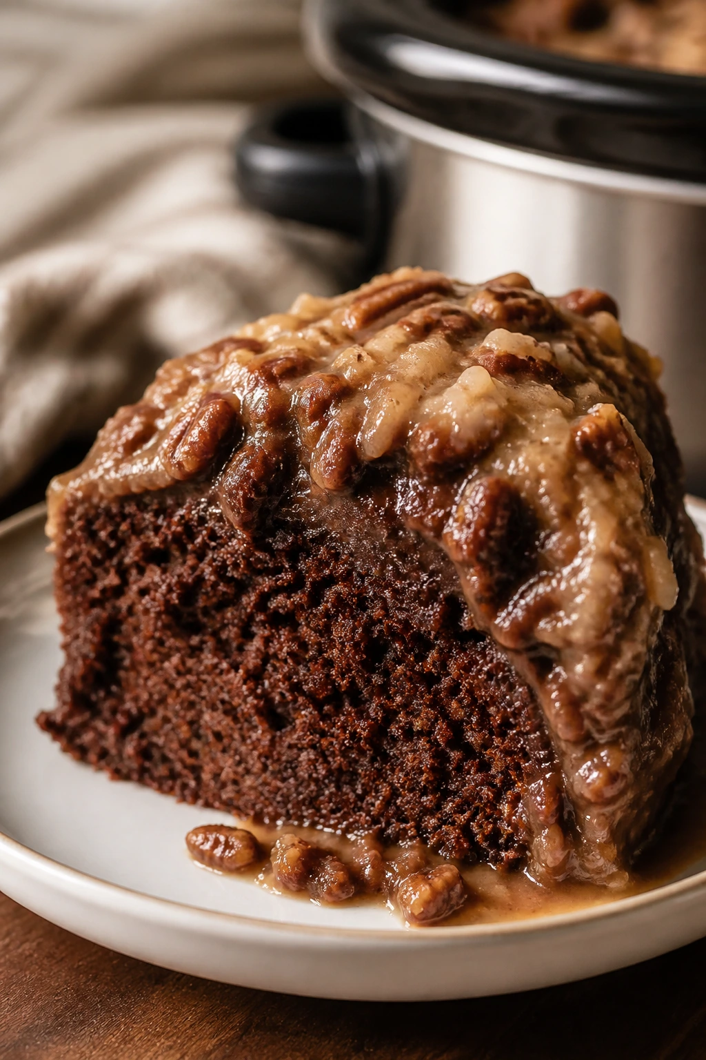 Slice of German chocolate cake with coconut-pecan topping on a plate