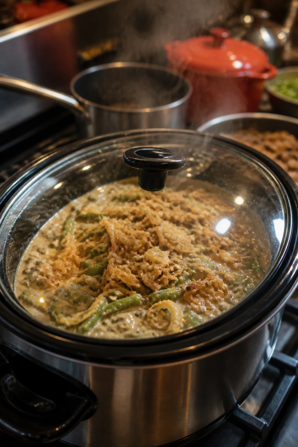 Close-up of creamy green bean casserole inside a glass-lidded slow cooker on a crowded stove