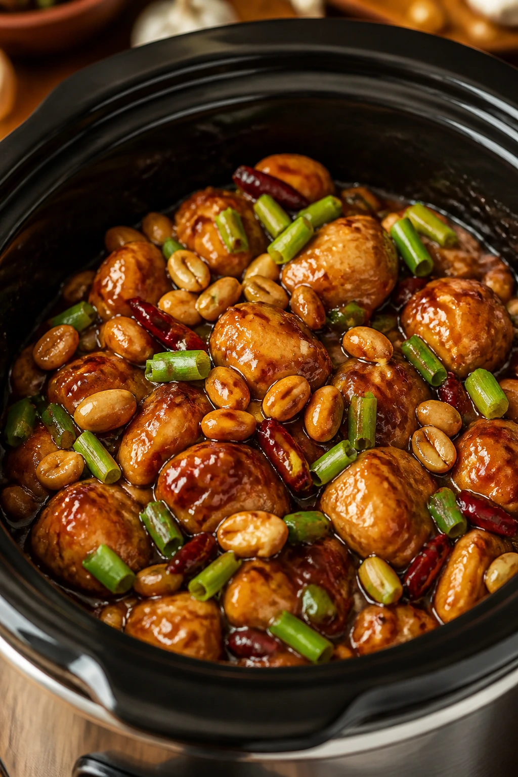 Close-up of Crockpot Kung Pao Chicken with peanuts and scallions in a slow cooker