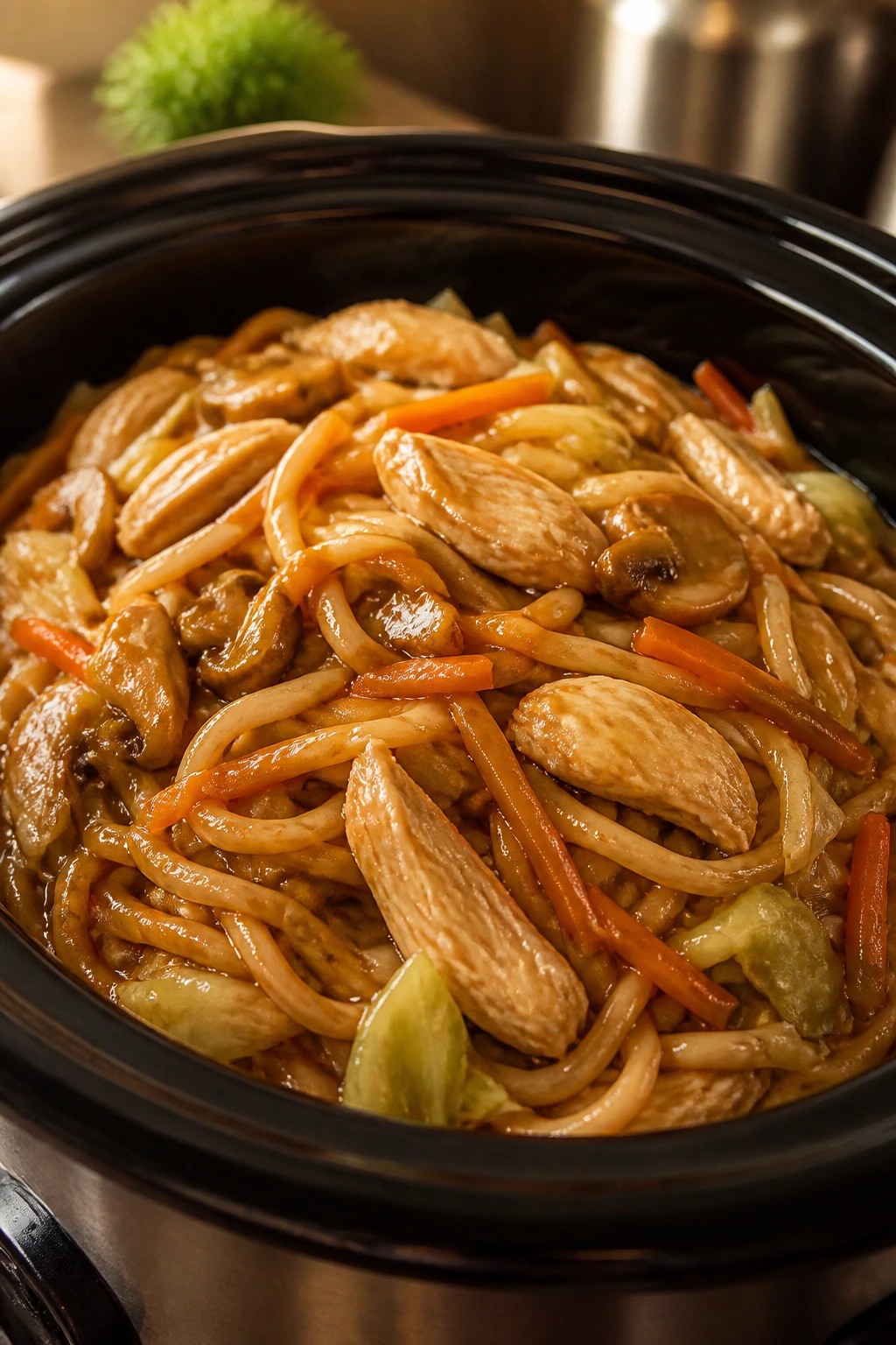 Close-up of Crockpot Chicken Lo Mein noodles with chicken and vegetables in a bowl.
