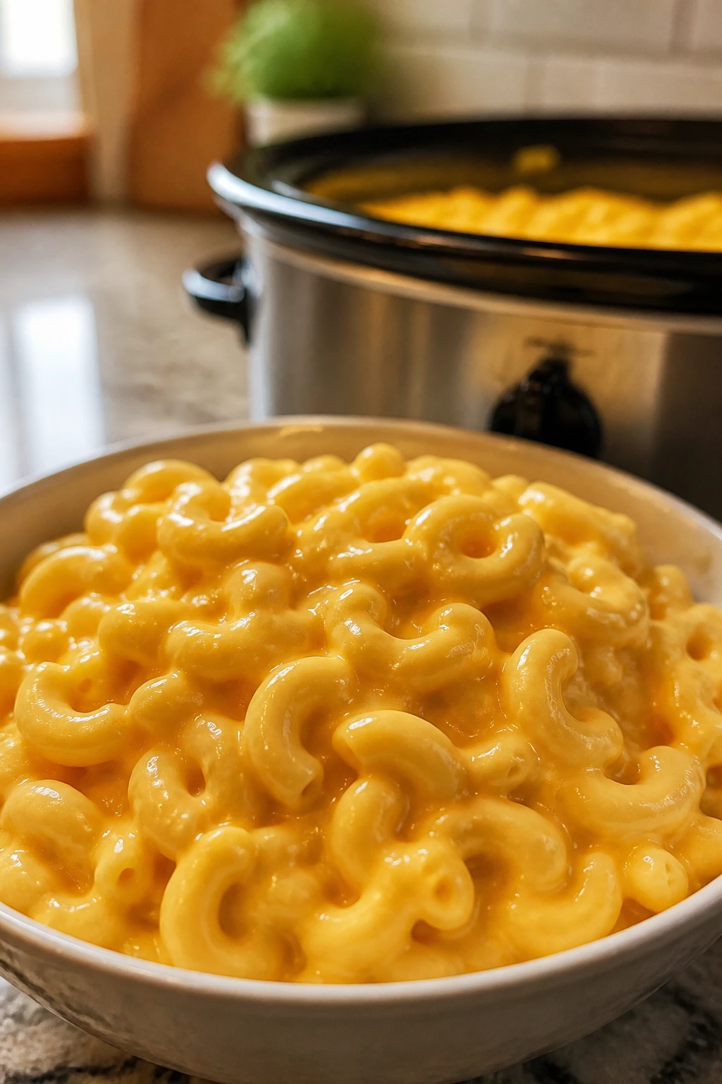 Creamy macaroni and cheese in a bowl with melted cheddar