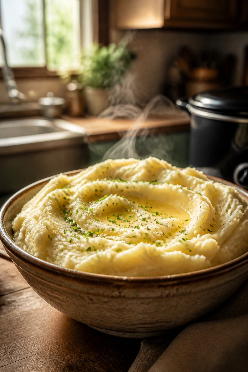 Close-up of creamy mashed potatoes in a rustic bowl, Thanksgiving side