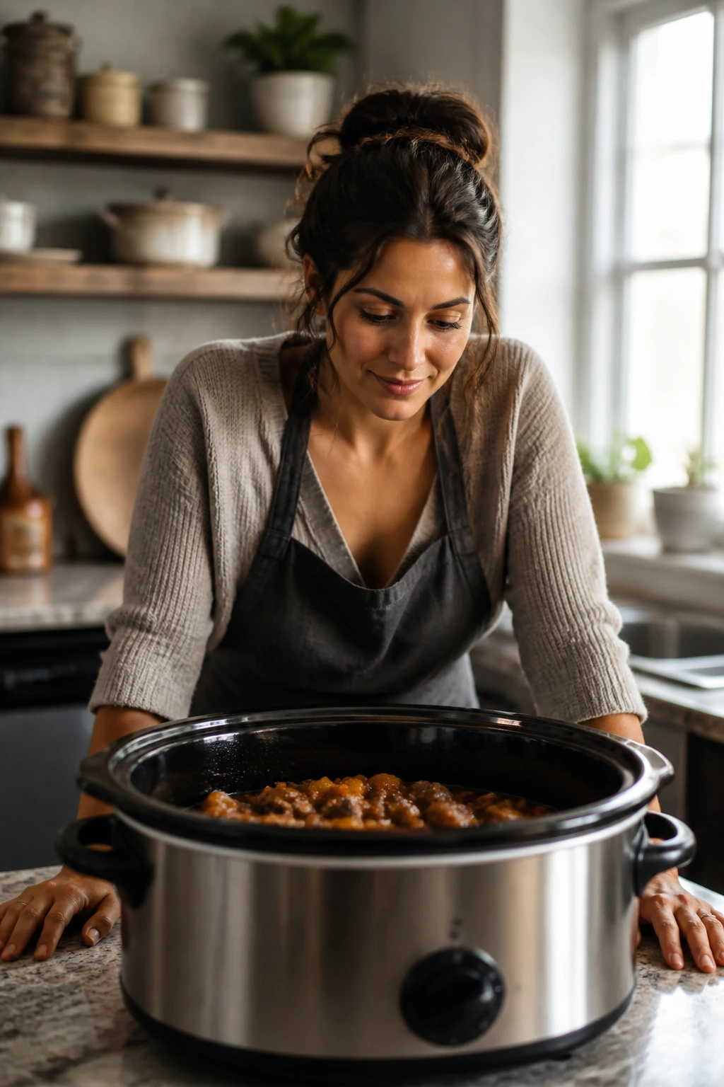 Close-up of a real person with a prominent slow cooker in a cozy kitchen, hinting at questions about easy fancy crockpot meals
