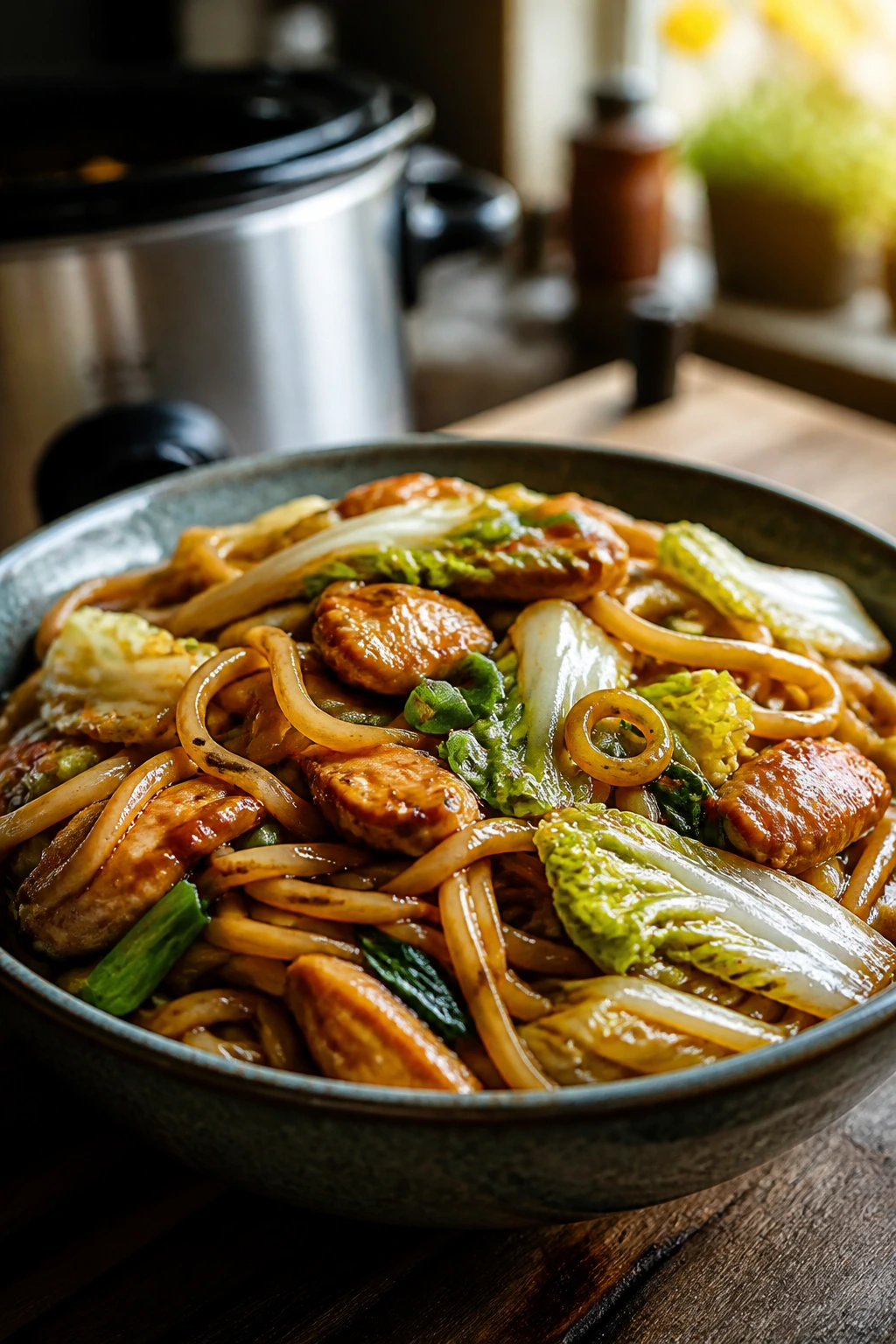 Close-up of glossy Crockpot Chinese Noodles in a bowl with napa cabbage and scallions