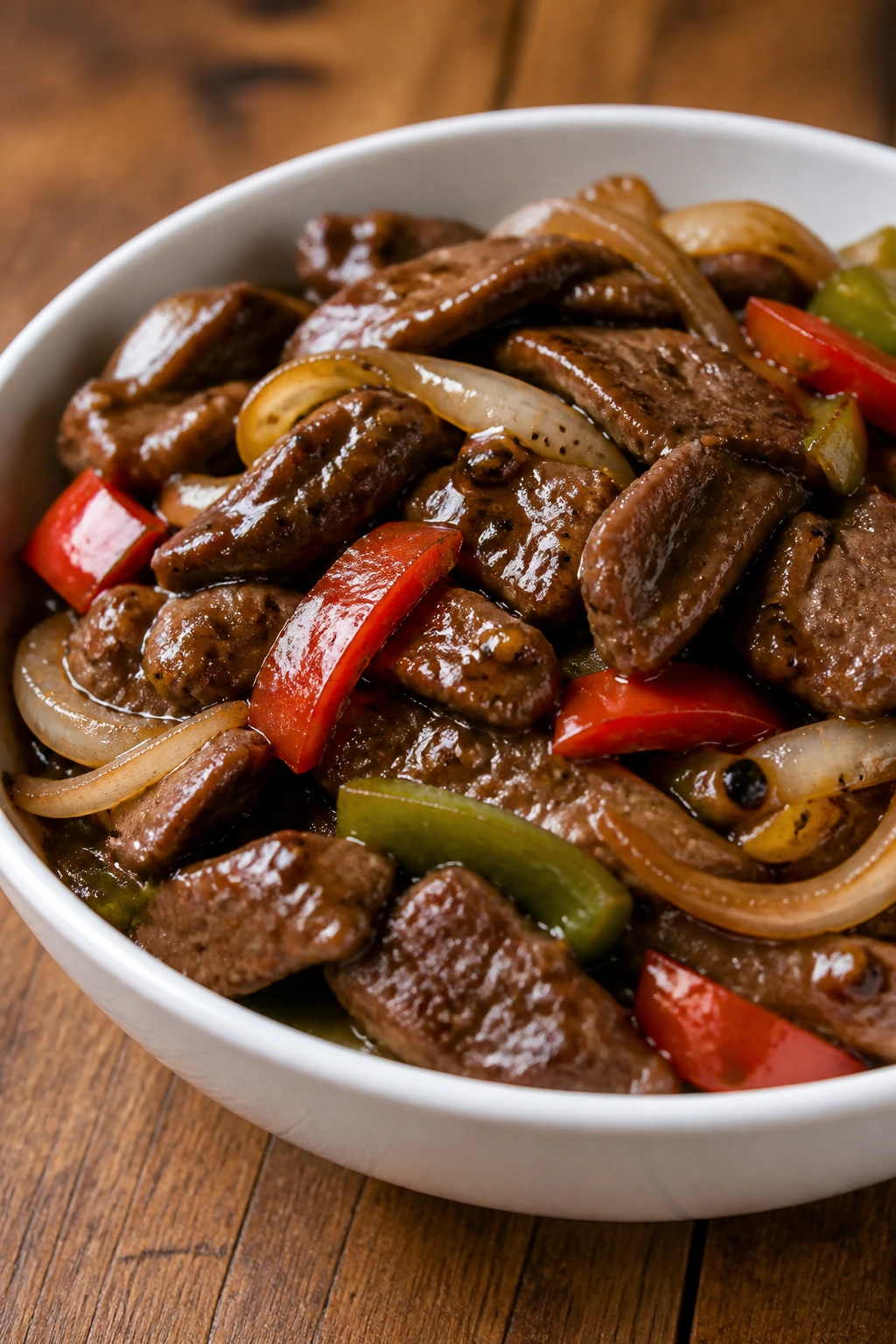 Close-up of Crockpot Black Pepper Beef in glossy sauce with onions and peppers