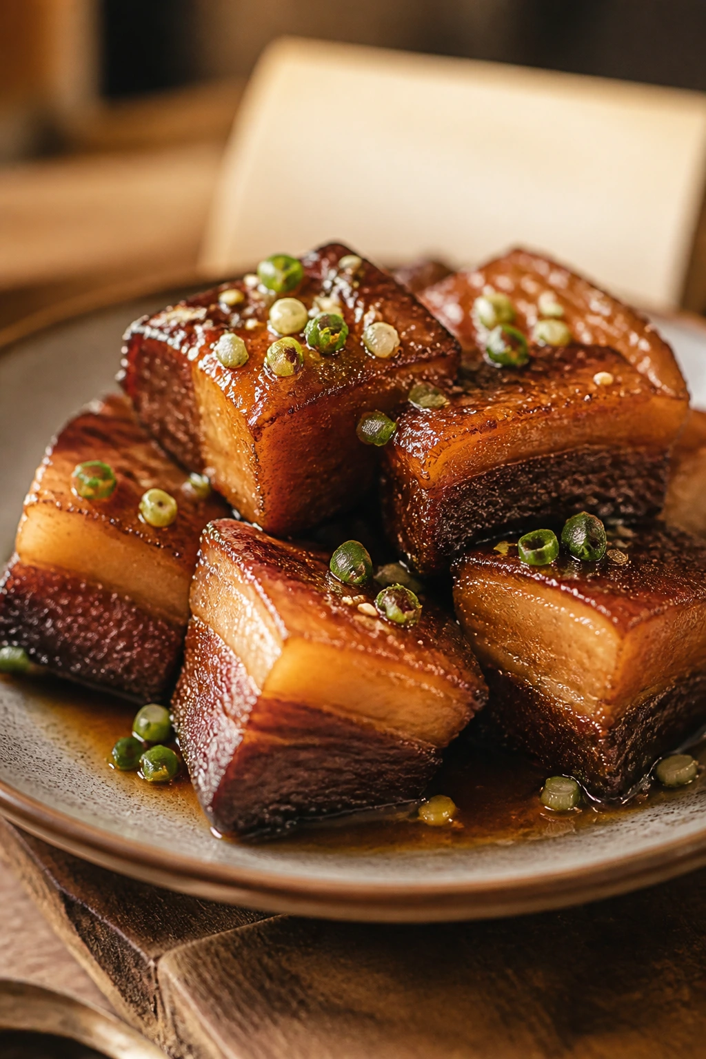 Close-up of plated crockpot pork belly with glossy glaze