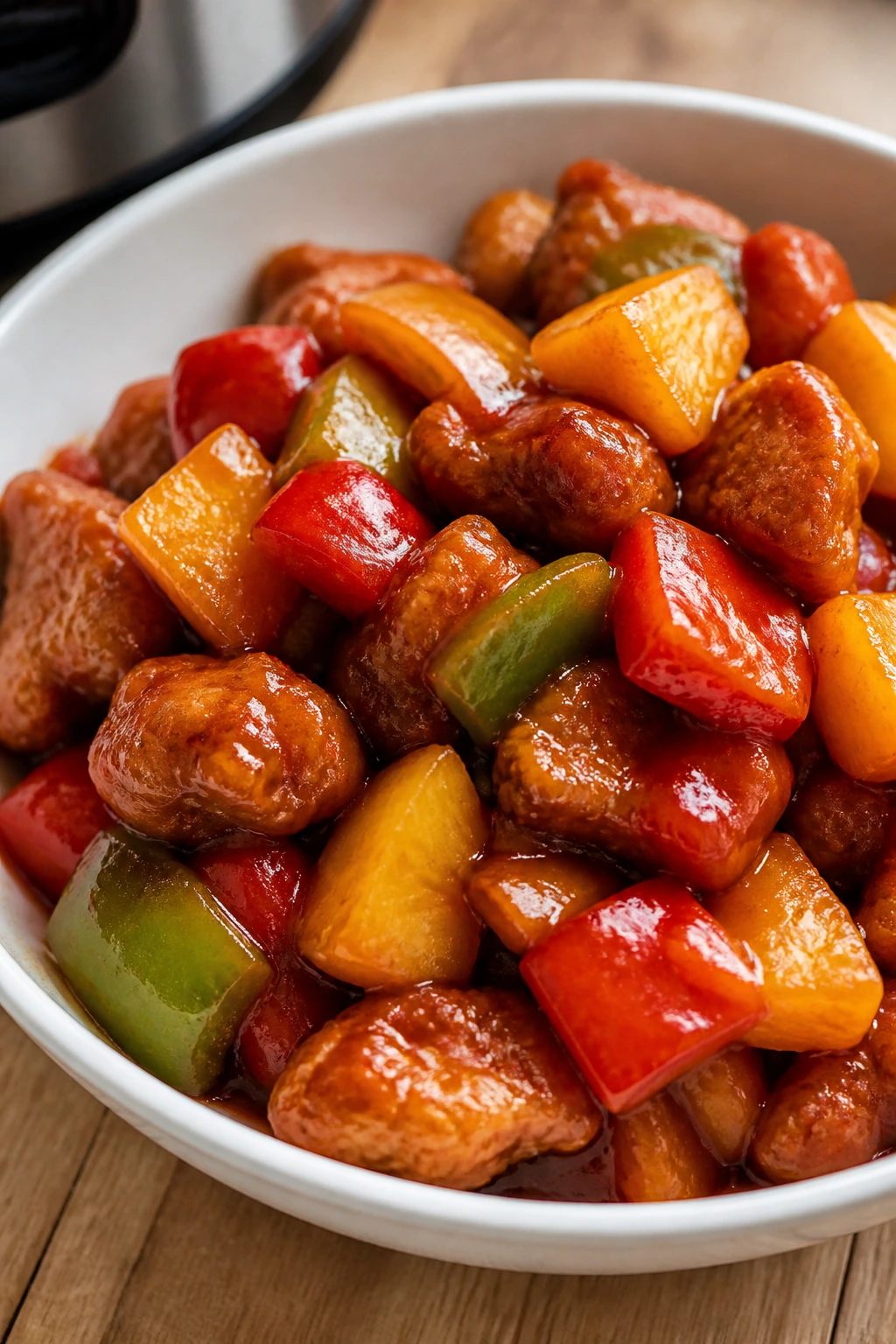 Close-up of Crockpot Sweet and Sour Pork with pineapple and peppers in red glaze.