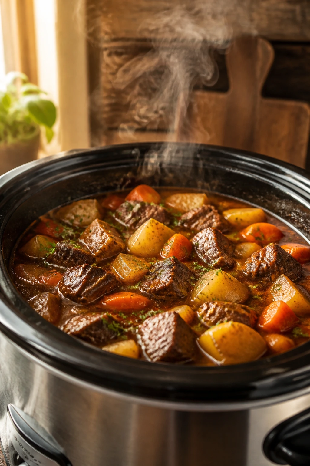 Warm crockpot on a kitchen counter with steam rising