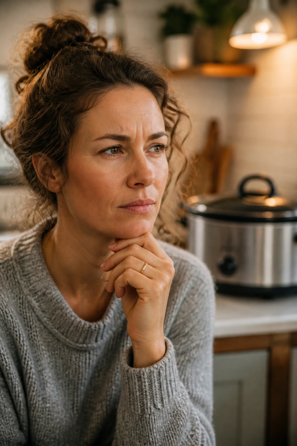 Portrait of a thoughtful person in a kitchen with a crockpot in the background, signaling questions before unattended use