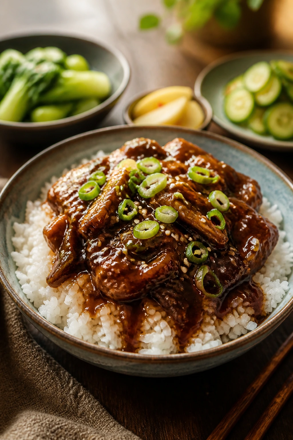 Close-up of saucy crockpot dish over jasmine rice with scallion garnish