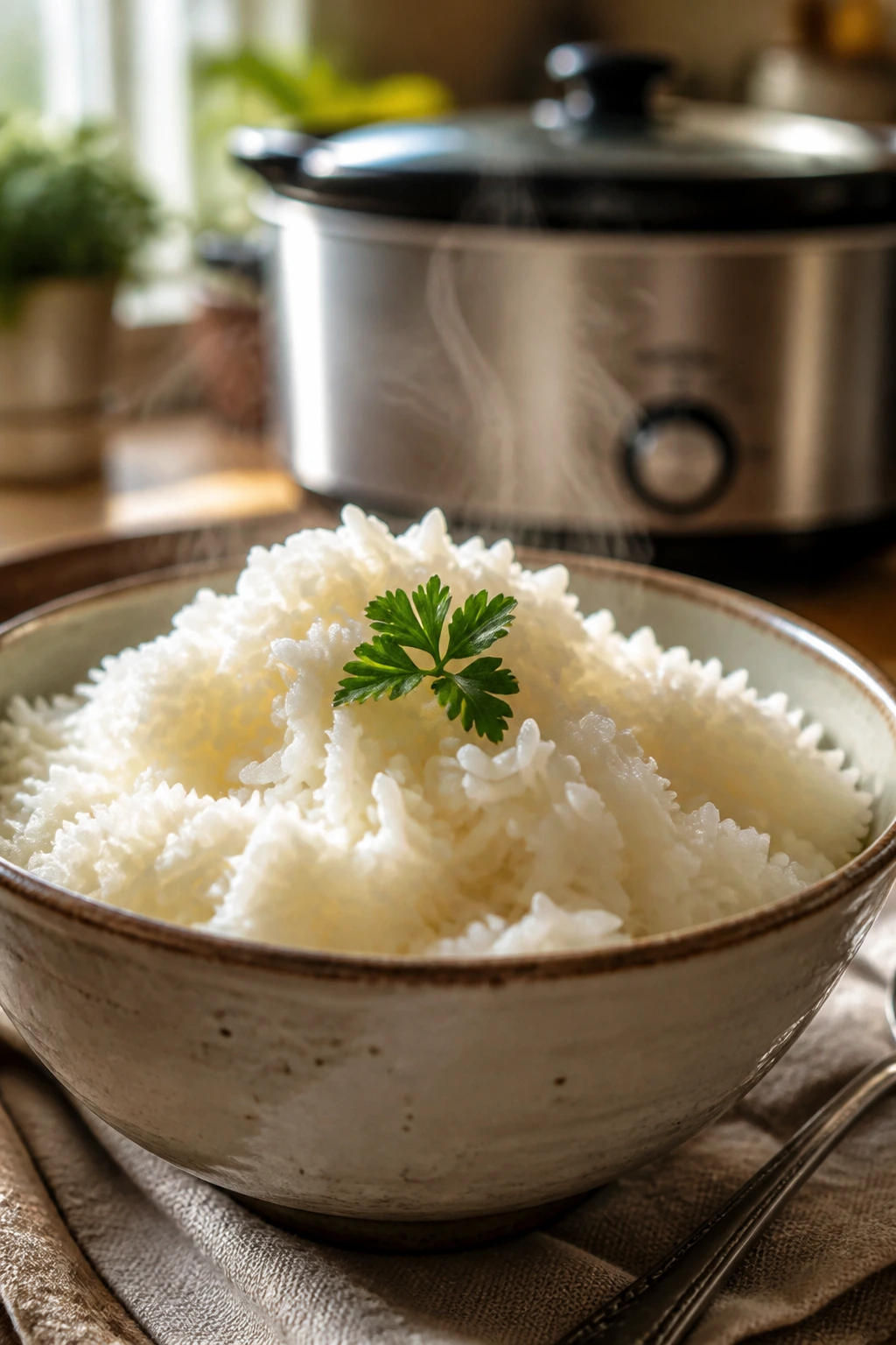 Steaming bowl of Crockpot Rice with parsley garnish in a cozy kitchen.