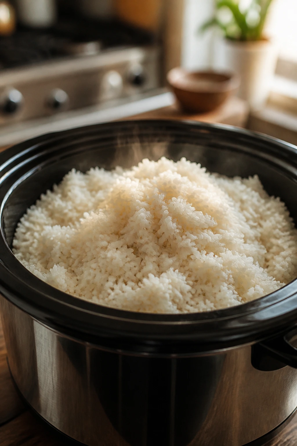Close-up of fluffy Crockpot Rice in a slow cooker insert with warm kitchen background.