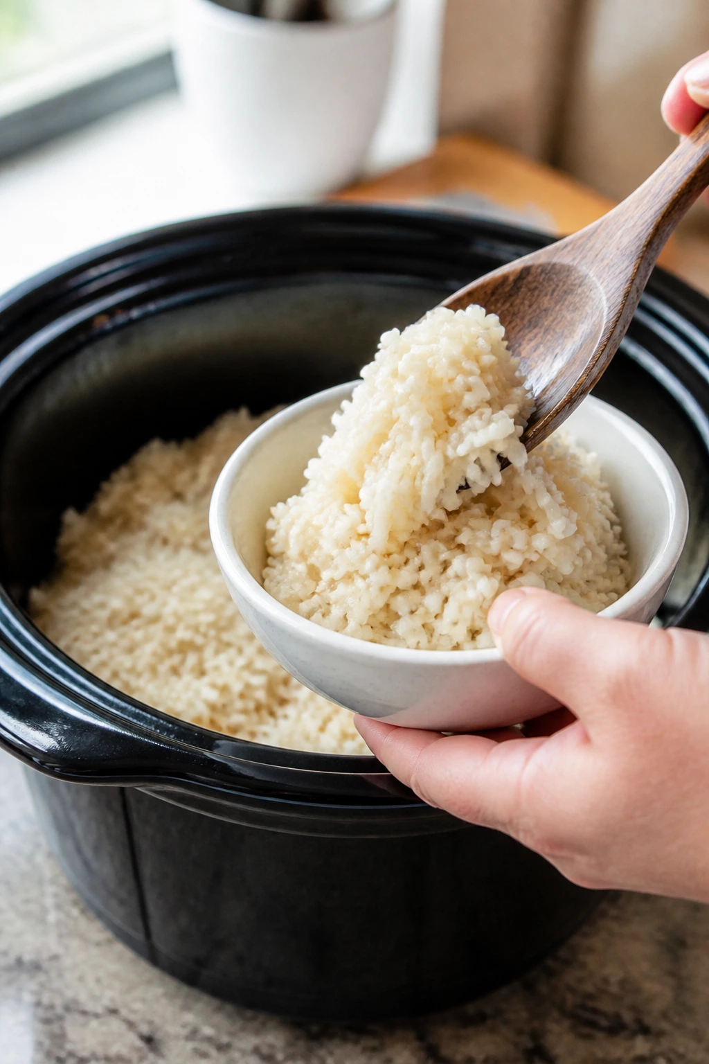 Spoonful of tender Crockpot Rice ready to eat.
