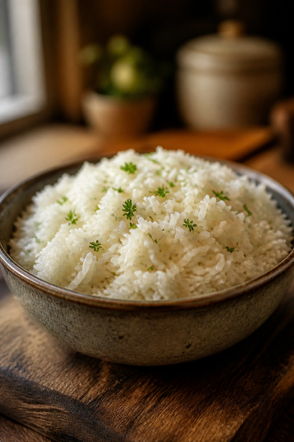 Serving Crockpot Rice with herb garnish in a cozy kitchen setting.