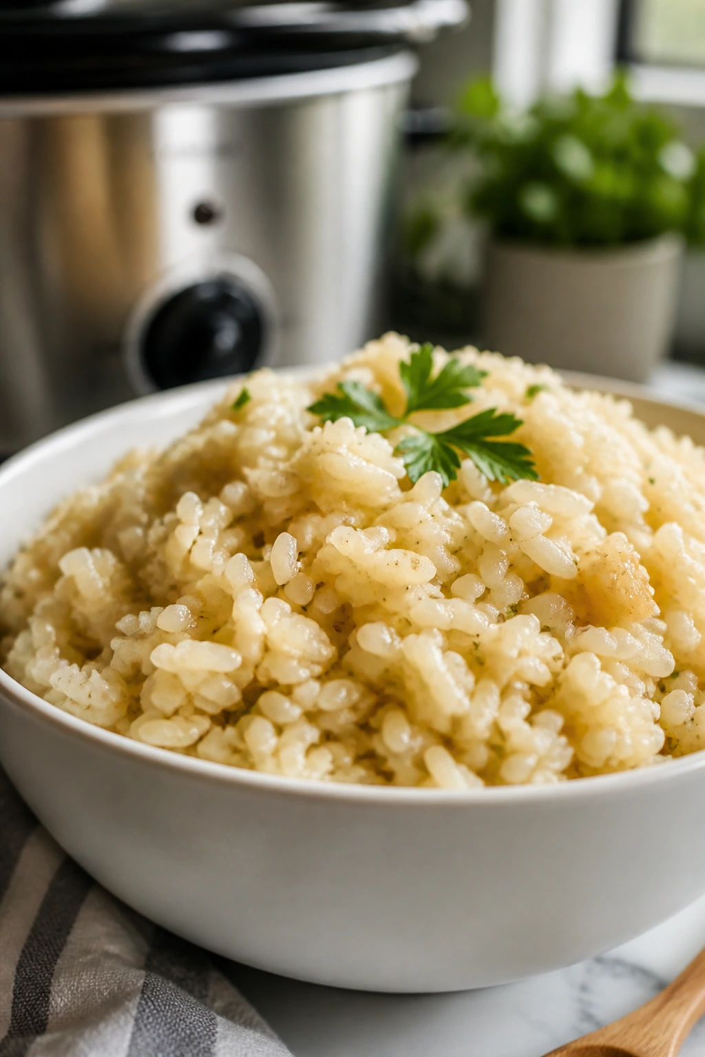 Close-up of fall-apart crockpot rice in a white bowl with broth sheen in a cozy kitchen setting