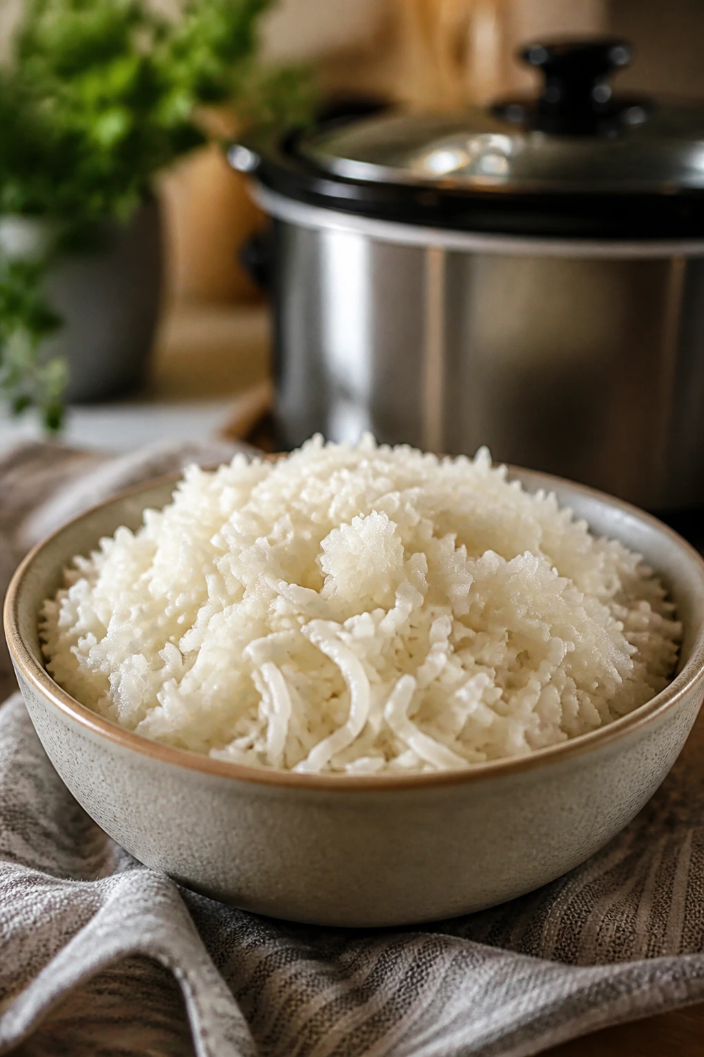 Fluffy Crockpot Rice in a bowl with warm kitchen background.