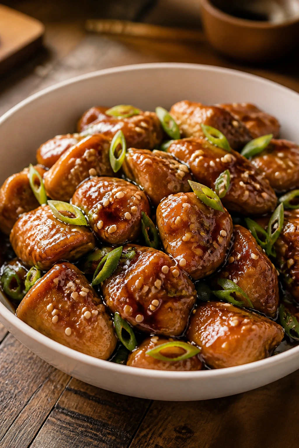 Close-up of Crockpot Sesame Chicken with sesame glaze and seeds.