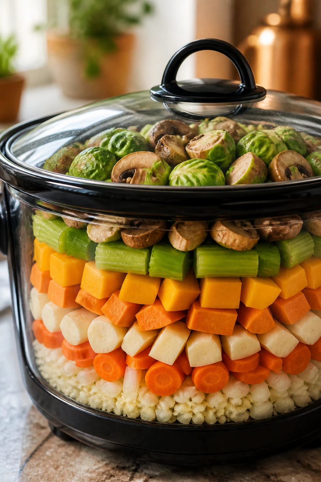 Crockpot inner pot with layered vegetables ready to cook
